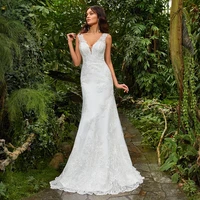 plus size lace tulle wedding dress 2021 charming v neck sleeveless applique mermaid bridal gowns with sequin vestido de novia
