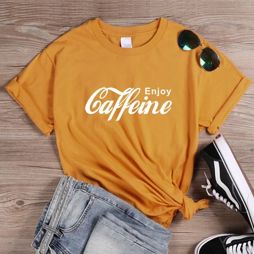 Yellow-White ONSEME, женская уличная одежда, повседневные футболки, Enjoy Caffeine, футболка с буквенным принтом, женские Забавные футболки Cola, Harajuku, базовая хлопковая футболка - Цвет: Yellow-White