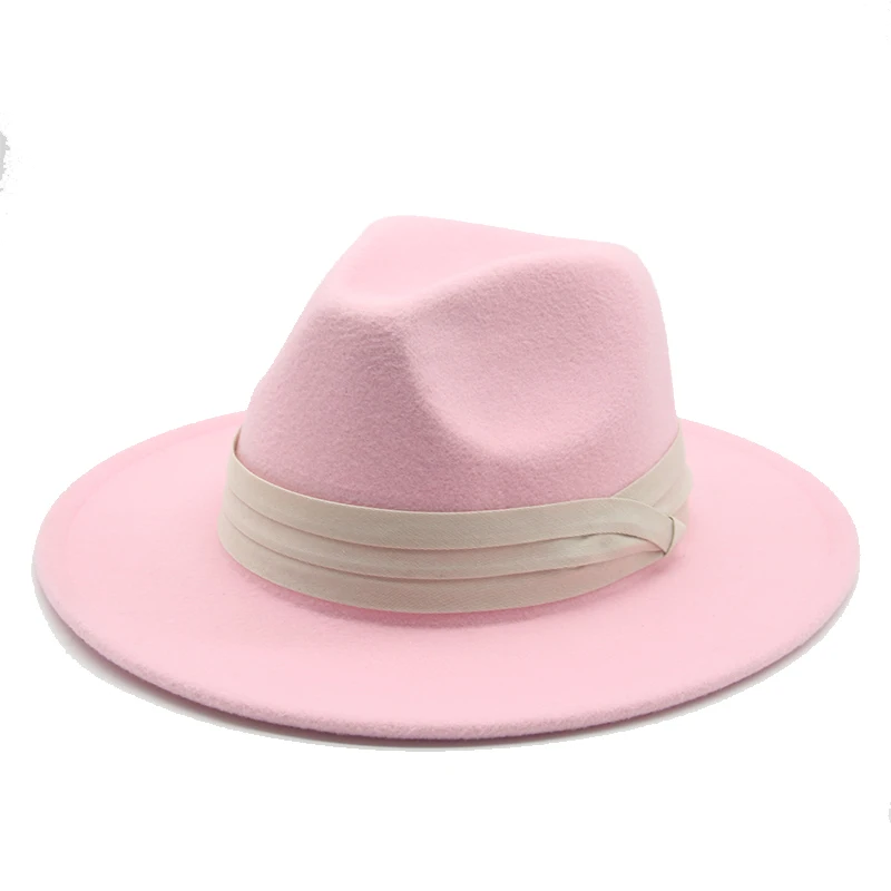 

women hats classic simple wide brim felted hat church wedding belted band Jazz caps ivory green fedora autumn winter hats