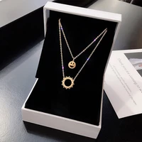 new simple fashion double smiling face sun rose gold necklace cold wind titanium steel pendant clavicle chain