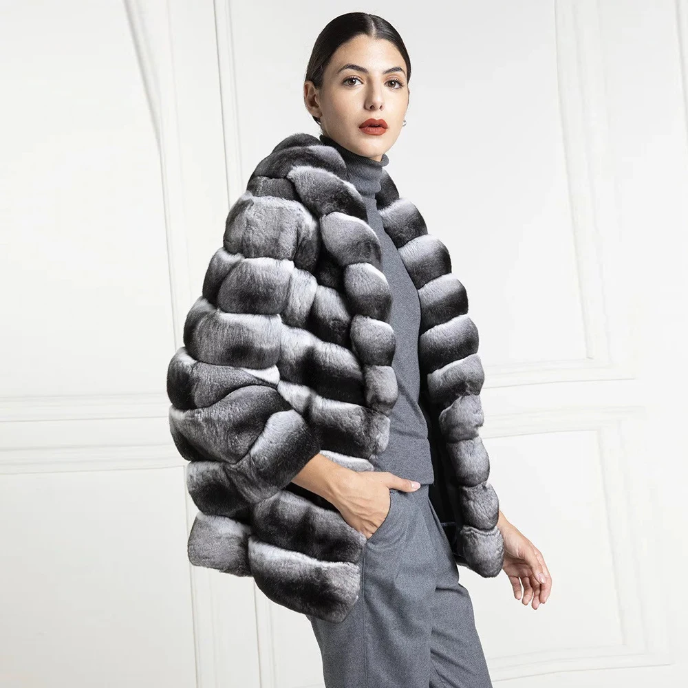 Fashion Women Natural Rex Rabbit Fur Coat With Lapel Collar Winter New Chinchilla Color Real Rex Rabbit Fur Jacket Thick Outwear