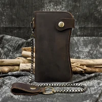 mens vintage crazy horse leather chain wallet genuine leather bifold long wallet snap card holder purse zipper coin rfid pocket