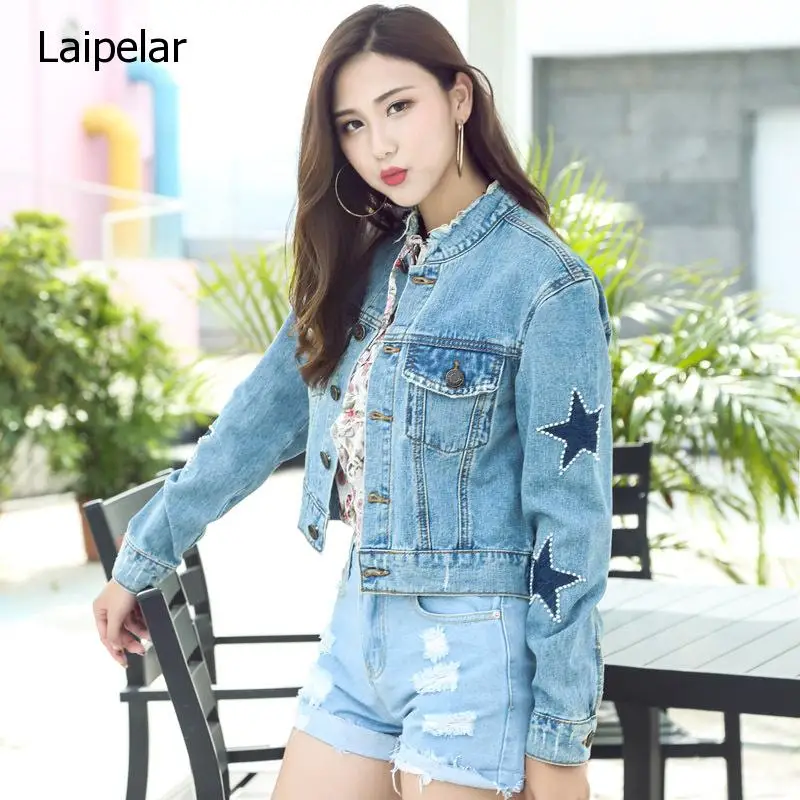 2020 синие короткие джинсовые куртки со звездами и бусинами Свободные корейские