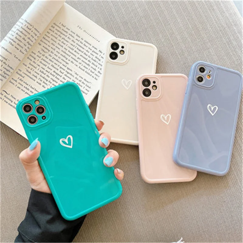 

Glossy Candy Color Cute Cartoon Love Heart Couples Phone Case For iPhone 11 12 Mini Pro Max X XR XS 7 8 Plus SE 2020 Soft Back