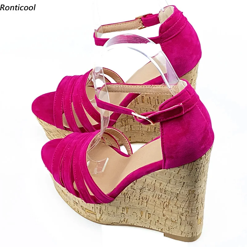 

Ronticool Handmade Womens Sandals Ankle Strap Wedges Heels Open Toe Beautiful Fuchsia Purple Blue Party Shoes US Plus Size 5-20
