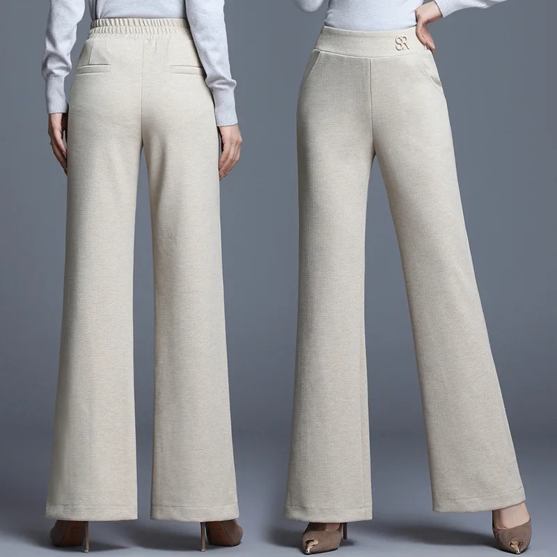 Женские зимние высокие эластичные расклешенные брюки Однотонные свободные