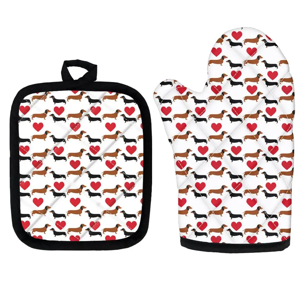 

Animal Dog Printed Pomeranian/Dachshund Insulated oven glove mat 2Pcs/Set for Microwave Oven Heat-resistant Scald-proof Gloves