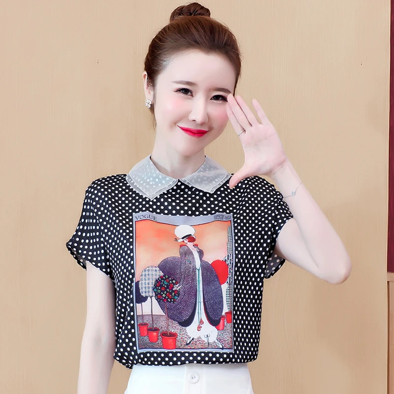 

Women's Blouse Short Sleeve Tops Doll Collar Shirt Cartoon Dot Print Chiffon Top Fashion Casual Shirts Summer New 10118