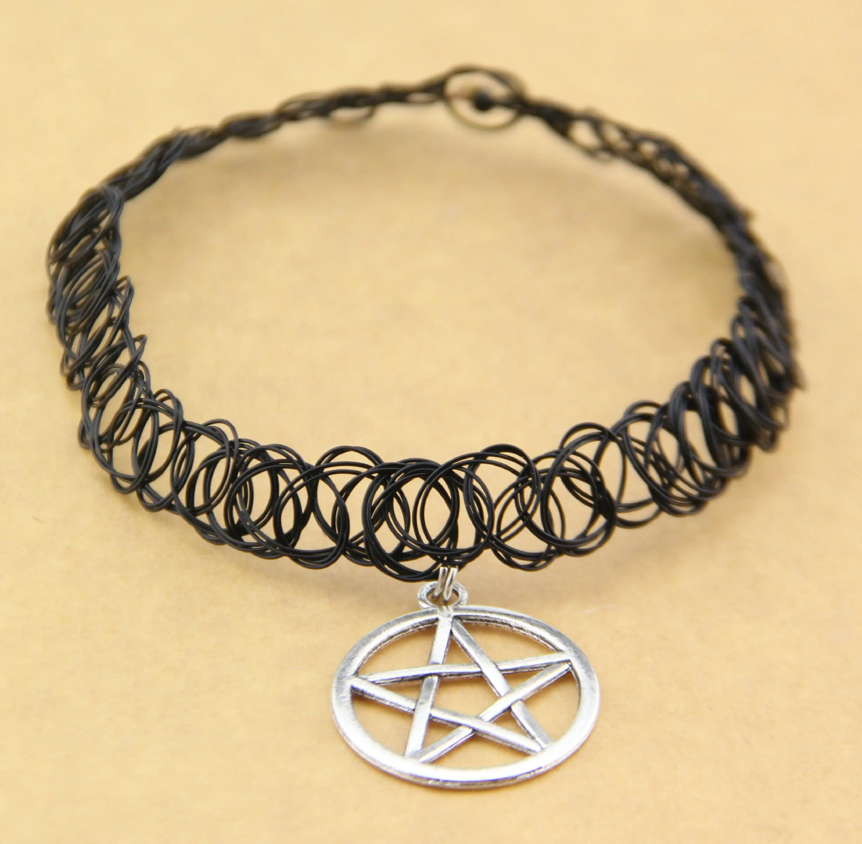 

80s 90s 00s Pentagram Elastic Tattoo Choker Necklace Pendant 90s 1990s Festival hot fashion Black Adjustable Wholesale