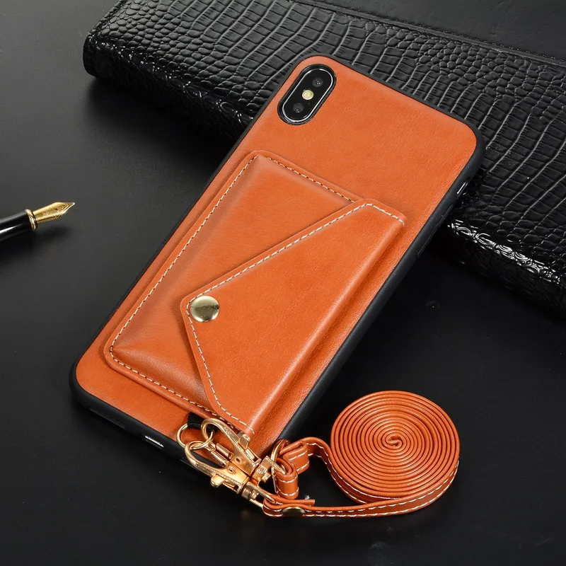 Для iPhone XR XS MAX X 8 7 6 6s плечевой ремень из кожи бумажник держатель для карт задняя чехол КРЫШКА ДЛЯ samsung S10 S9 плюс S10E Note 9 - Цвет: Brown with Lanyard