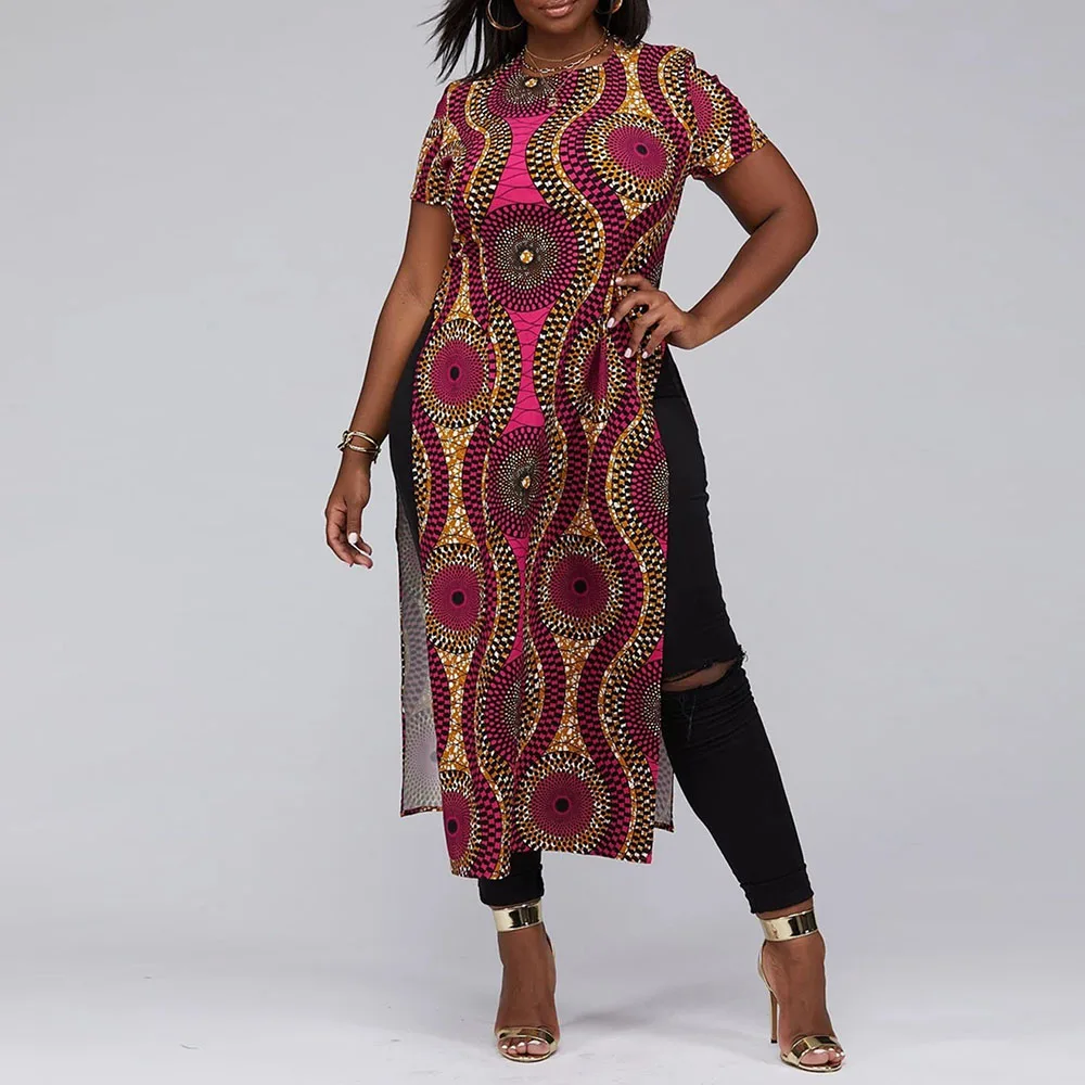 Длинная футболка с цветочным принтом в этническом стиле для женщин летняя
