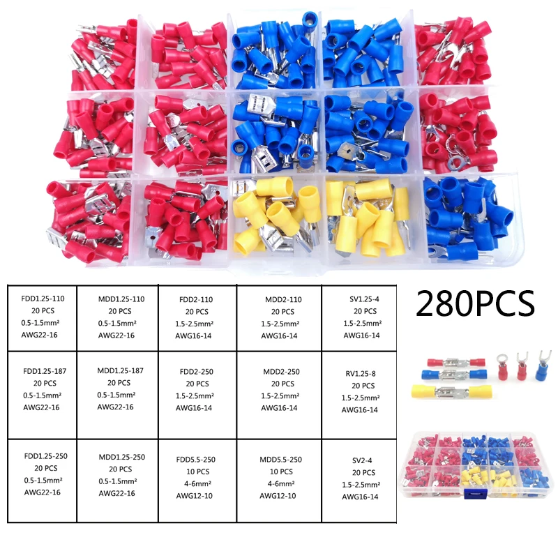 electrical connector kit cable lugs wire terminals male and female quick butt crimp connectors 280/480/1200PCS terminator set |