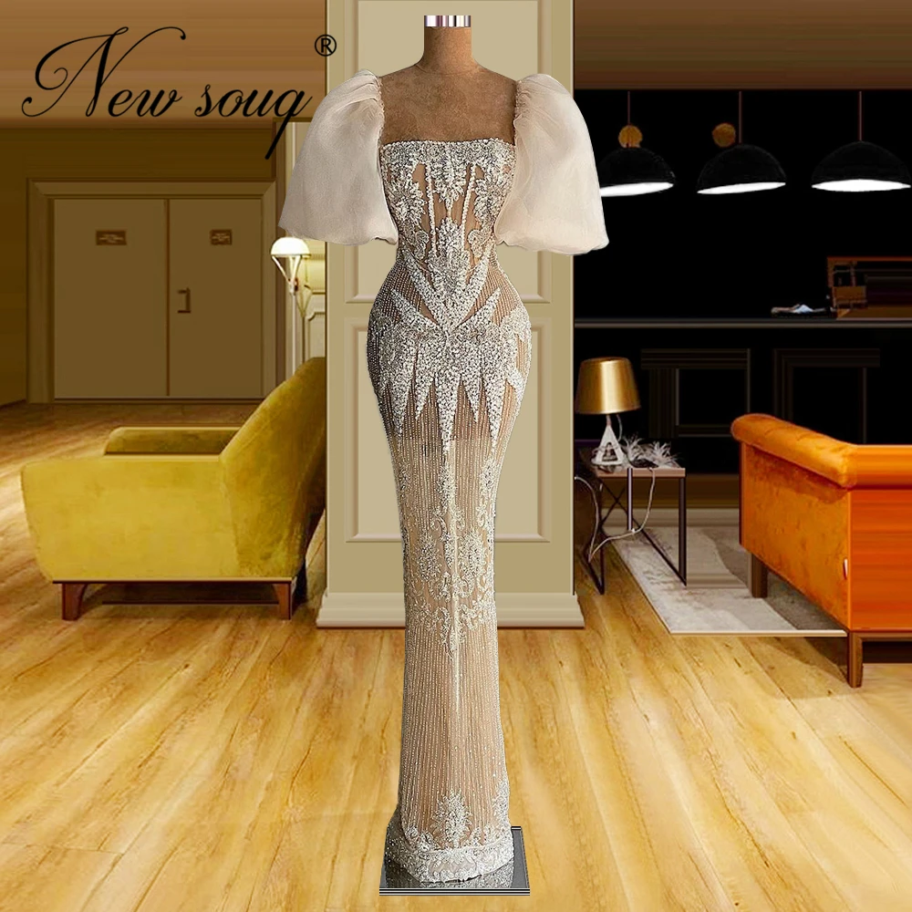 

2021 Custom Made Beading Evening Dresses Dubai Couture Evening Wear Puffy Sleeve Wedding Party Gowns Prom Dress Robe De Soiree