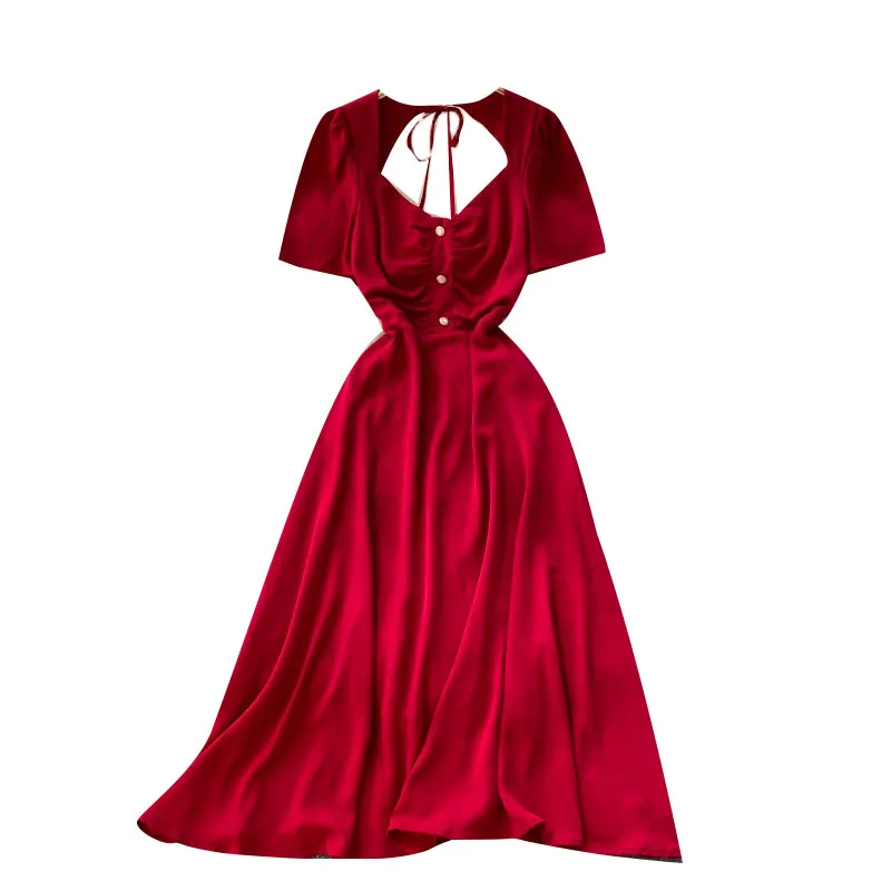 

of the new 2021 summer wear red dress fan all hollow out long French platycodon grandiflorum skirt backless temperament
