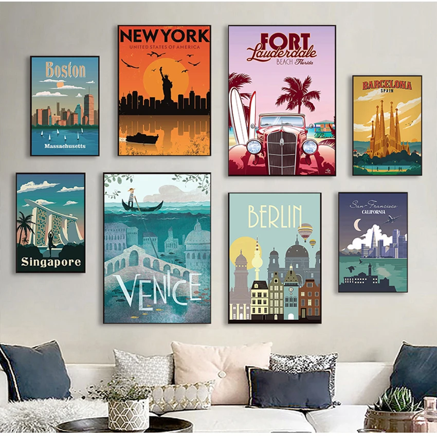 

Nordic Vintage Travel Cities Poster New York Netherlands Amsterdam London Landscape Art Canvas Painting Wall Picture Home Decor