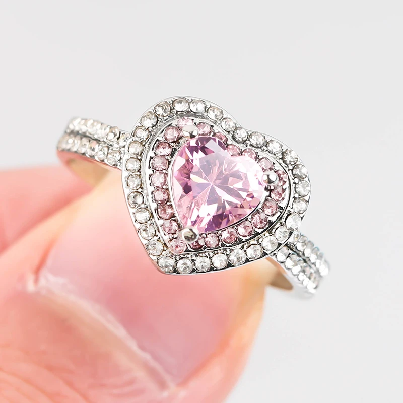

Cute Heart Ring For Women Exquisite Pink Zirconia Engagement Wedding Jewelry Silver Color Female Band Gift