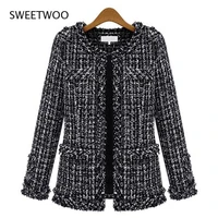 autumn winter black white plaid loose short coat women vintage o neck long sleeve tassel tweed coat ladies jacket coat