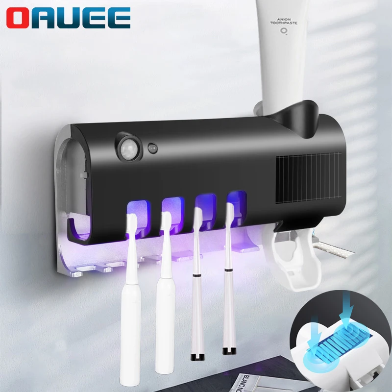 Esterilizador de cepillo de dientes USB, soporte para cepillo de dientes, esterilizador de doble capa, dispensador autom&aacute;tico de pasta de dientes, herramientas de ba&ntilde;o montadas en la pared-0