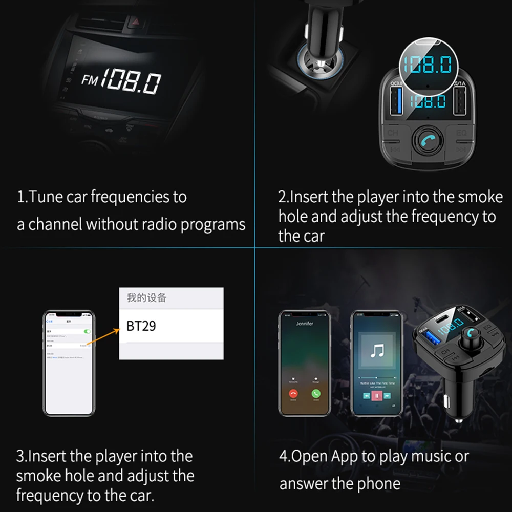 Bluetooth 5,0, Fm передатчик, автомобильный комплект, QC3.0, двойное USB Автомобильное зарядное устройство, светодиодный, решетчатый экран, режим эквалайзера, MP3 модулятор, Новинка