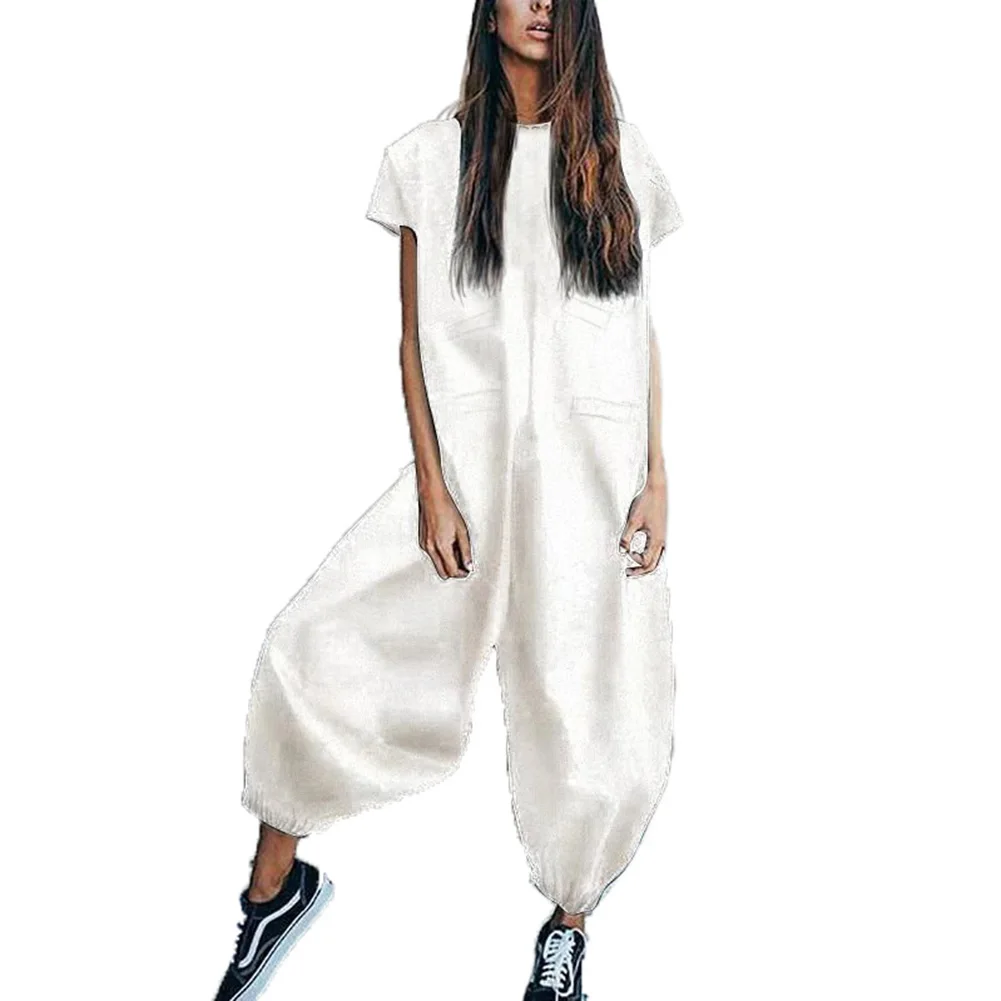 Women Cotton Linen Short Sleeve Casual Loose Wide Leg Jumpsuit Overall Playsuit Trousers jumpsuits body femme clothes vintage