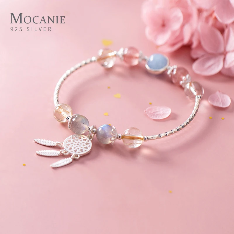

Mocanie Fashion 925 Sterling Silver Colorful Crystal Balls Dreamcatcher Tassel Leaves Charm Bracelet for Women Original Jewelry