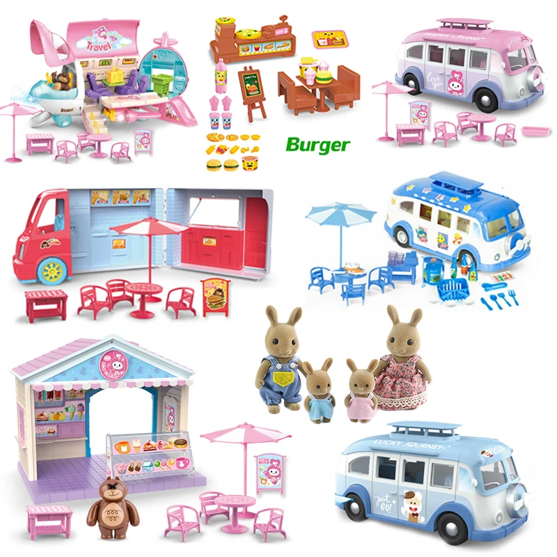 

Forest Family Ice Cream Picnic Car Play House 1:12 Burger Airplane Shop Set Brown Rabbit Panda Fast Food Truck Child Toy Gift