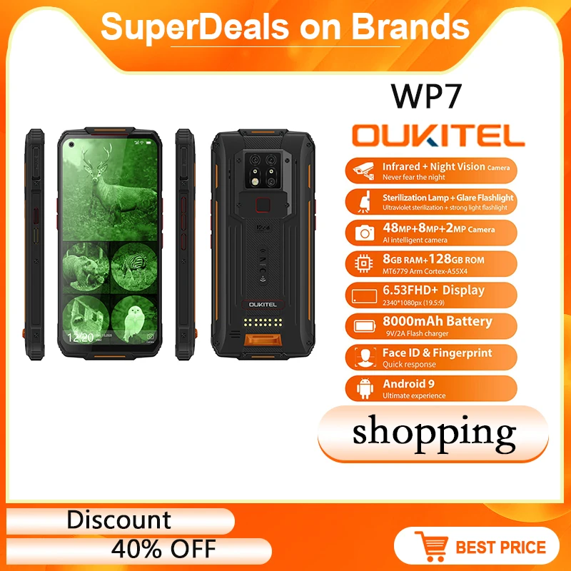 

OUKITEL WP7 Mobile Phone 6GB+128GB 6.53'' IP68 Waterproof Rugged Smartphone Infrared Night Vision 8000mAh 48MP Triple Cameras