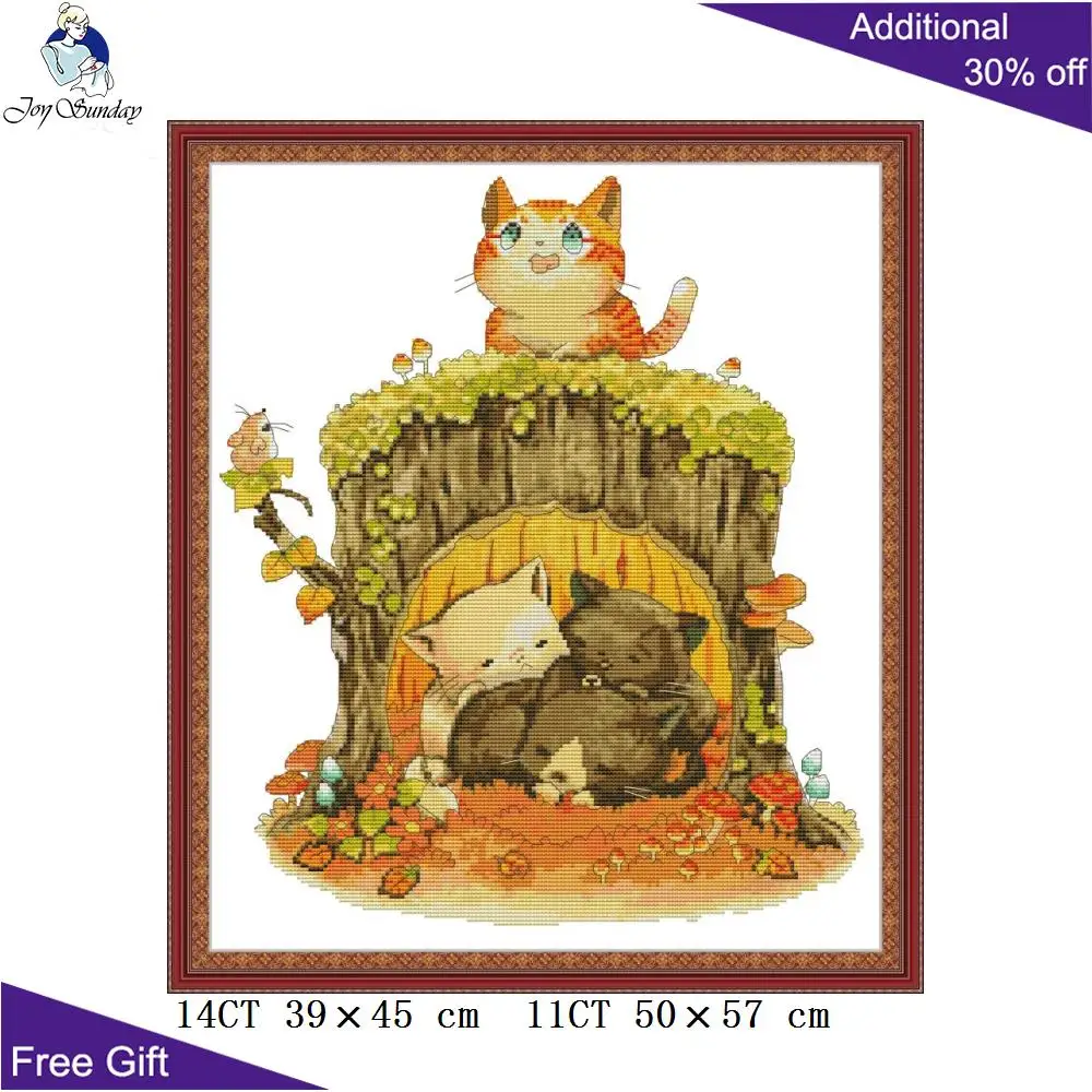 

Joy Sunday Kitten Under The Stump DA477 14CT 11CT Counted and Stamped Cute Cats Home Decor Embroidery DIY Cross Stitch kits