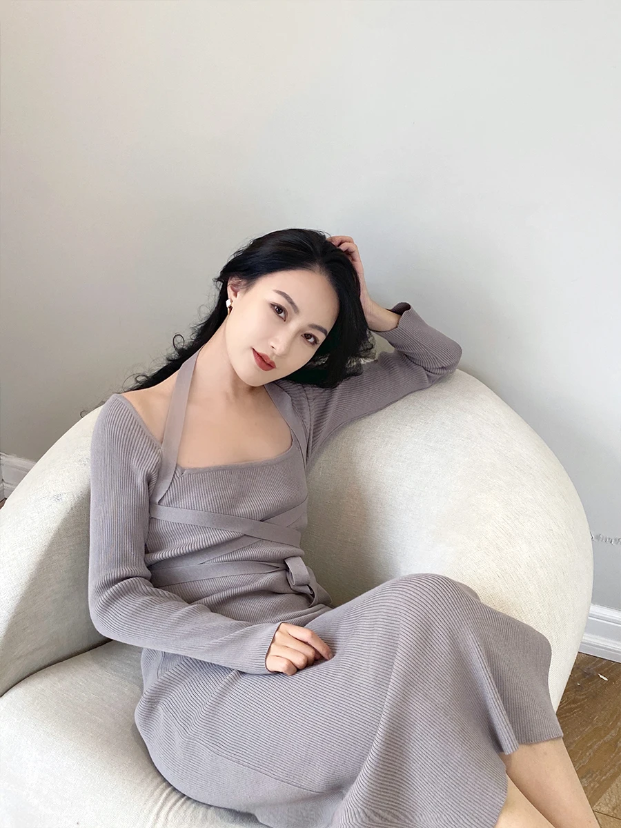 

Fox love Kyoto tea skirt ~ square collar knitted dress women's spring medium length temperament slim dress