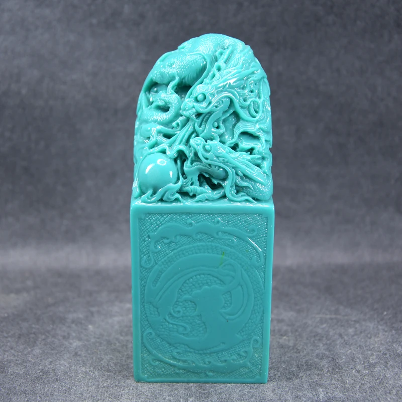 6cm imitation Turquoise jade Stone Seal double dragons playing with beads Stone seal handed down by Qin Shihuang signet