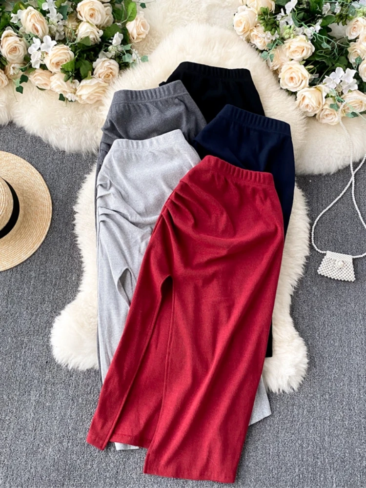 

Skirts Womens 2021 Spring Korean Fashion Clothing Streetwear Ladies Sexy Ruched High Waist Solid Color Red MIDI Wrap Skirts