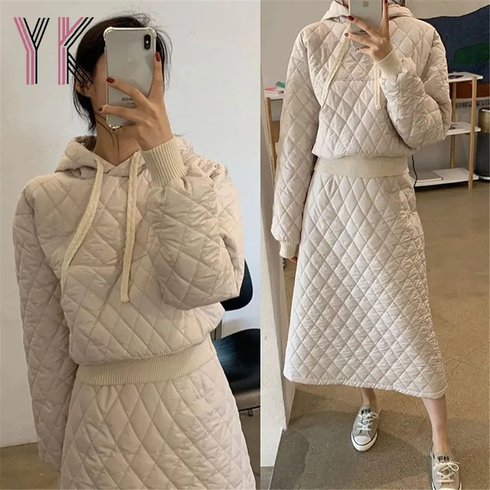 

2 Piece Drawstring Hoodie Cotton Padded Quilted Sweater + Elastic Band Diamond Plaid Stitching Midi Skirts Suit Women Y2k Sets