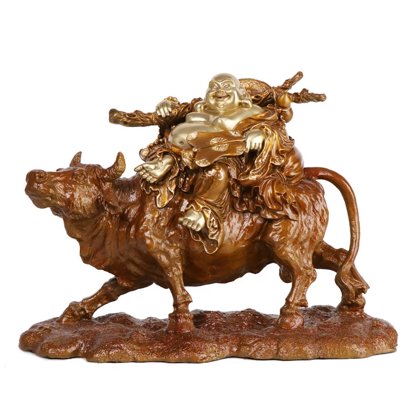 

LAOJUNLU из бронзы, чистая медь древний коричневый цвет благословение мешок Смеющийся Будда на быке статуя Майтрея Будды украшения