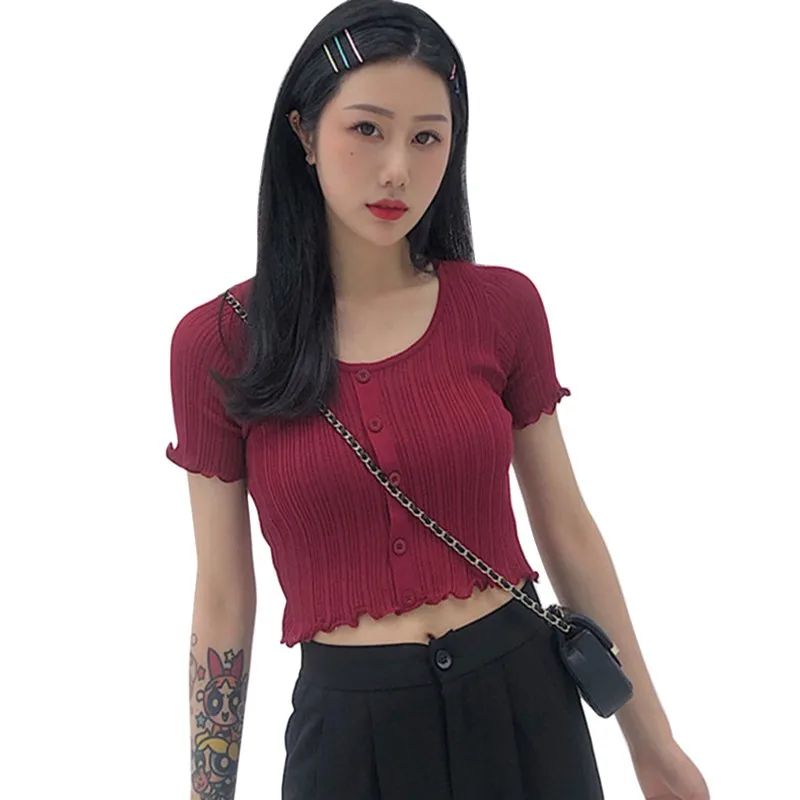 Летняя Милая женская трикотажная футболка короткий рукав Укороченная рубашка Unif