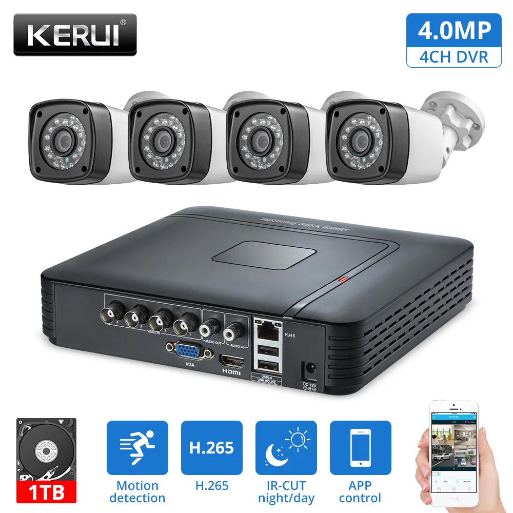 KERUI открытый Водонепроницаемый 4MP Камера аналоговая камера высокого разрешения 1 ТБ HDD 4CH домашней безопасности Камера система DVR Наборы HDMI cctv видеонаблюдение Системы комплект