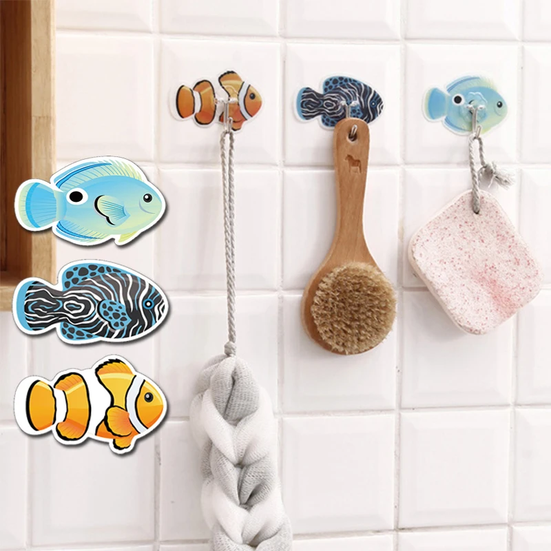 

3Pcs Ocean Fish Seamless Hooks Towel Dinnerware Bedroom Hat Clothes Reusable Strong Hook Home Decor Fish Nail-Free Wall Paste