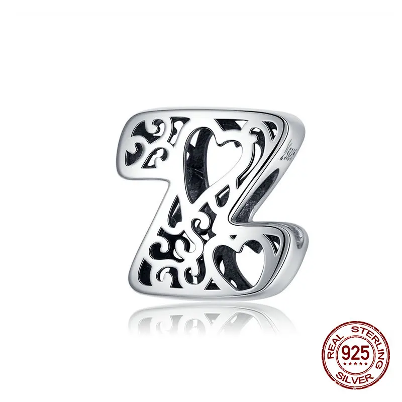 26 алфавитов, A-Z,, серебряные бусины 925 пробы, Подходит для Pandora, браслет, ожерелье, Подвеска для женщин, изготовление ювелирных изделий - Цвет: Z