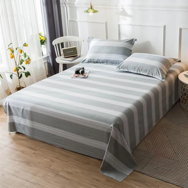 

2020 Bedding Flat Sheet 100% Cotton Queen King Full Size Grey White stripes Wrinkle Fade Stain Resistant Winter 91*96in