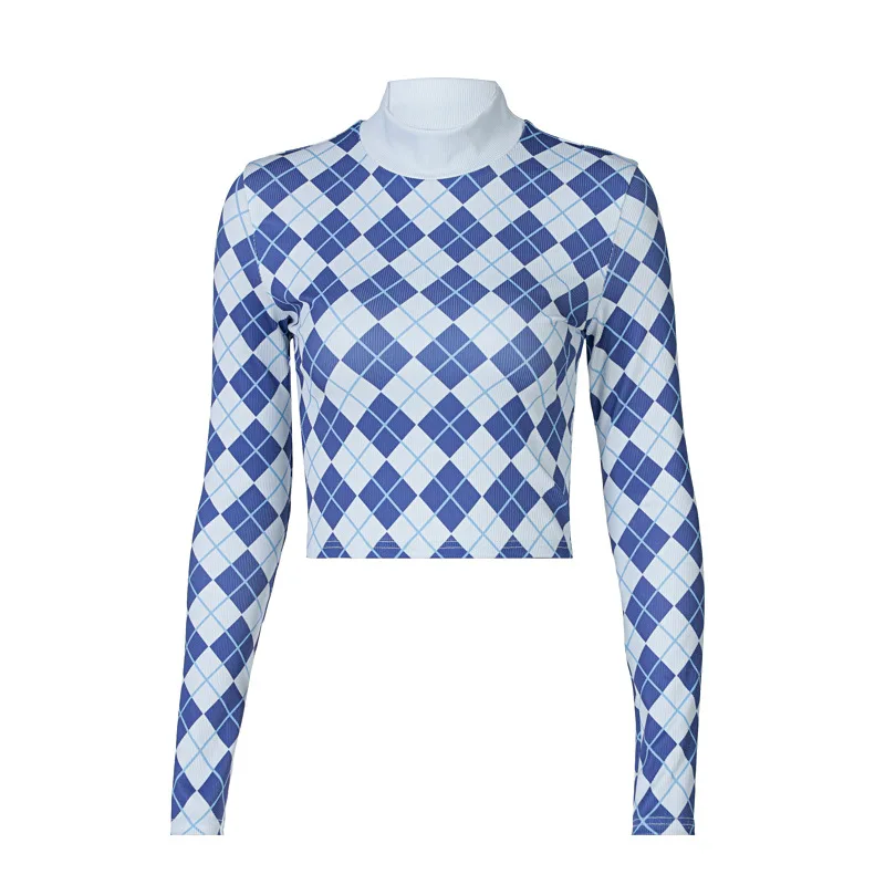 

Slim Plaid Printed Long Sleeve T-shirts Women Sexy Knited Crop Tops Street Style Casual Women's T Shirts Winter 2020 New Tee