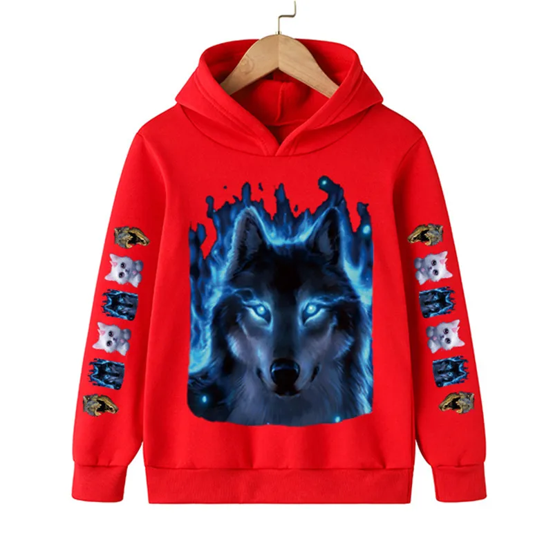 

2021 Children's Spring and Autumn Cartoon Wolf Print Hoodie 4-14 Years Old Male Baby Dinosaur Sweatshirt Long Sleeve Clothes Top