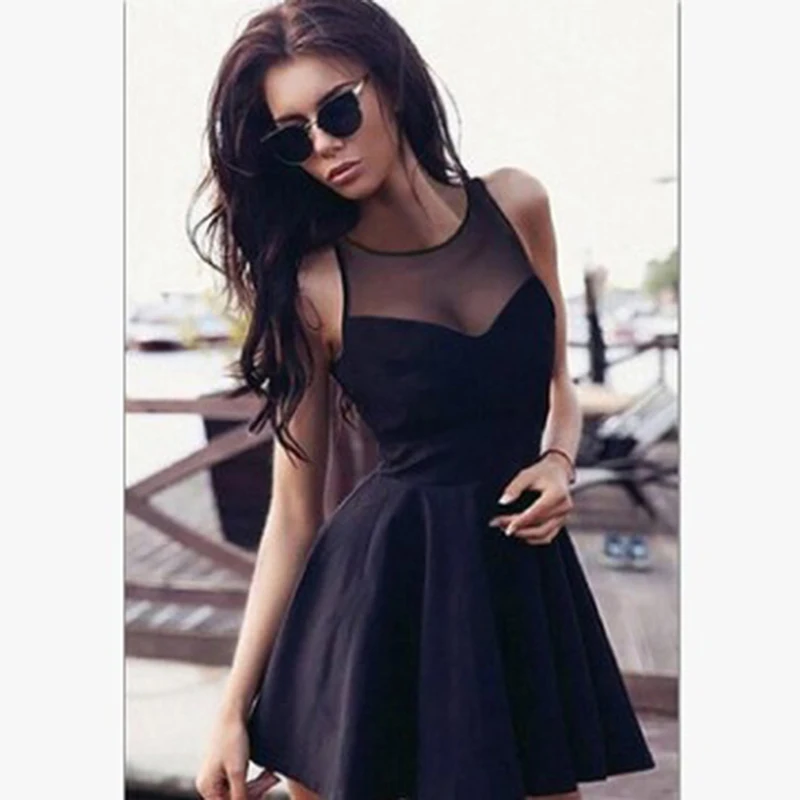 

Gothic Casual Dress Summer Women Black A-Line Sleeveless Hollow Party Preppy Fashion Slim Mesh Vintage Goth Dress