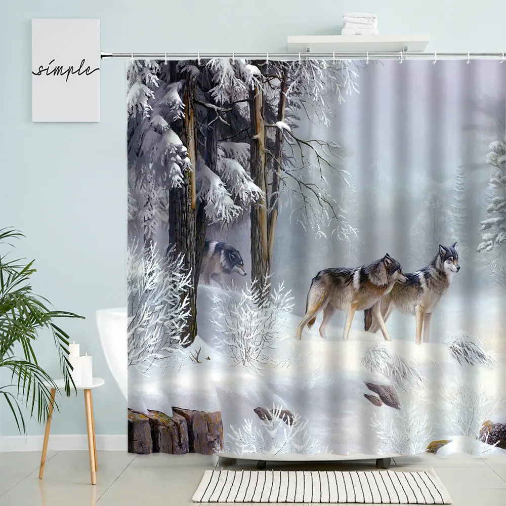 

Wolf Tiger Elk Beast Shower Curtain Wild Animal Winter Forest Natural Snow Scenery Bathroom Decor With Hooks Waterproof Screen