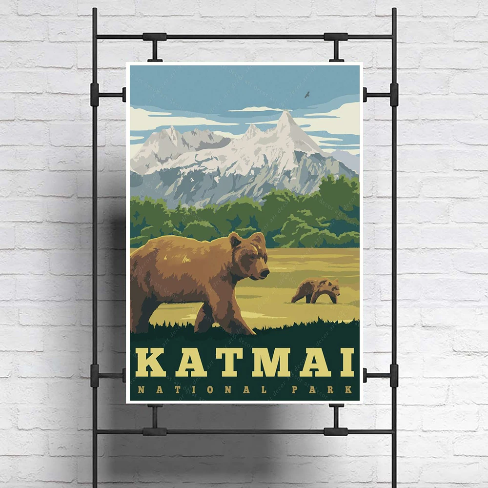 

America Katmai National Park Vintage Travel Poster Canvas Painting Wall Art Kraft Posters Coated Wallsticker Home Decor Gift