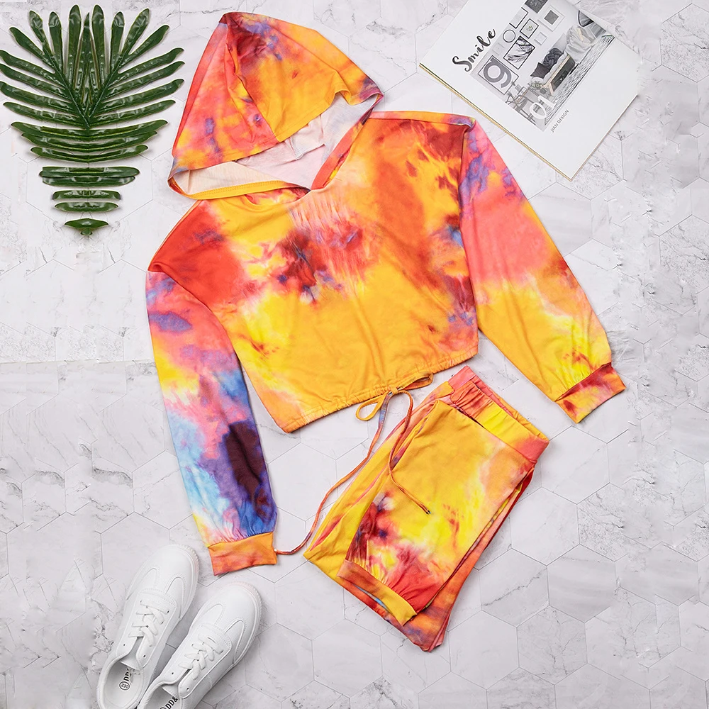

2 Piece Sets Fall 2020 Women Clothing Tie Dye Pants Set Fashion Hoodie Top Tracksuit Outfit Long Sleeve Two Piece Pants Set