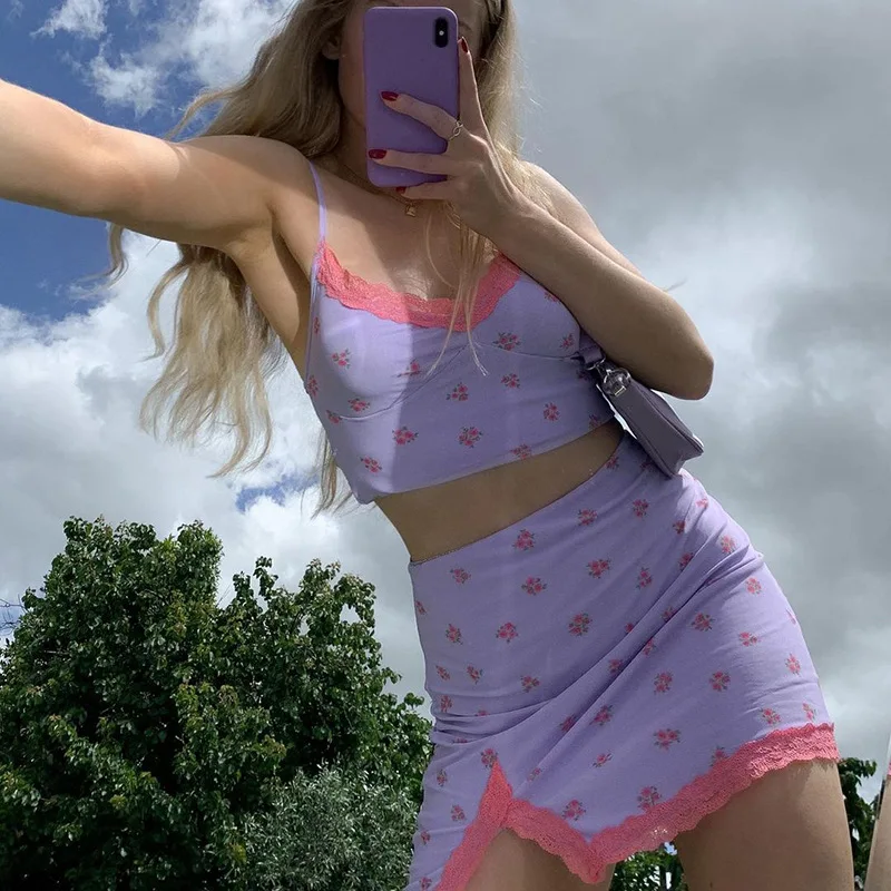 

2021 Two Piece Set Women Skirt Summer Print Lace Dress Sets Sexy Sleeveless Backless Floral and Split High Waisted Mini Skirt