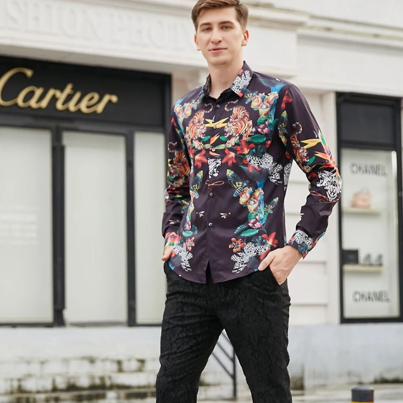 Рубашка мужская с длинным рукавом люксовая брендовая модная сорочка принтом