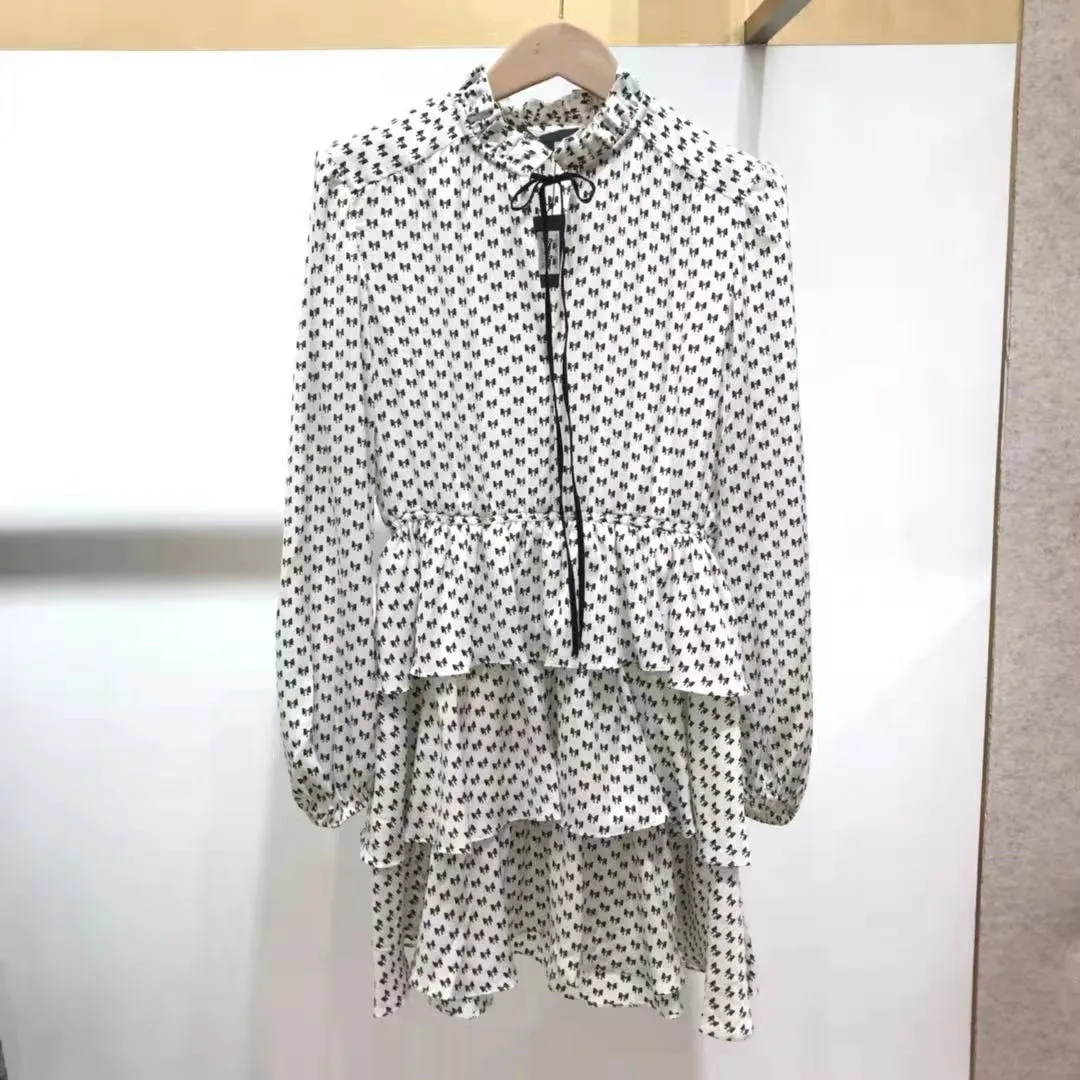 

Bow Print Women's Long Sleeve Ruffled Mini Dress Elastic Waist Lace-up Stand Collar Ladies Robe For 2021 New Autumn