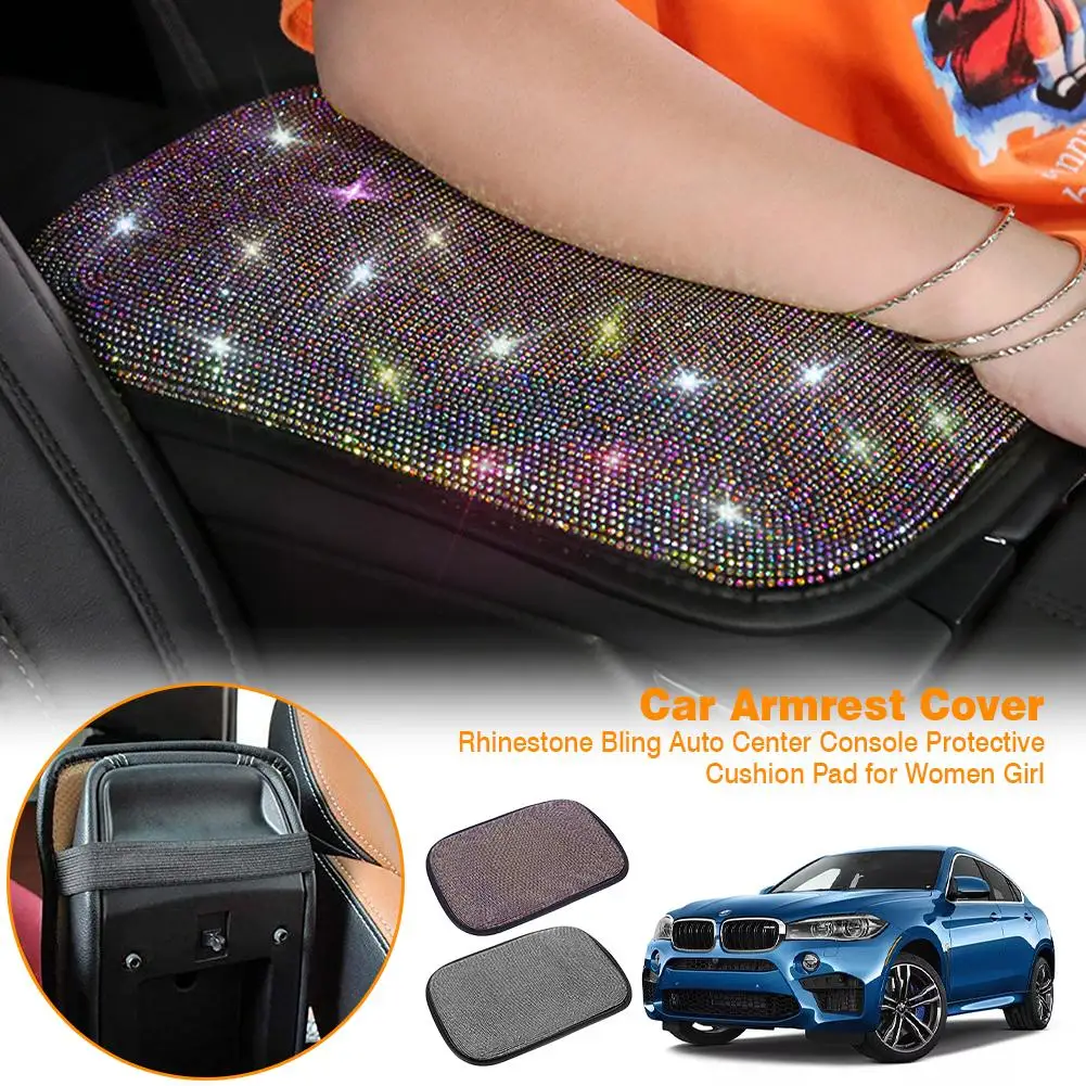 

Universal Car Armrest Cover With High Quality PU Leather Rhinestone Bling Auto Center Console Protective Cushion Pad DIY Decor
