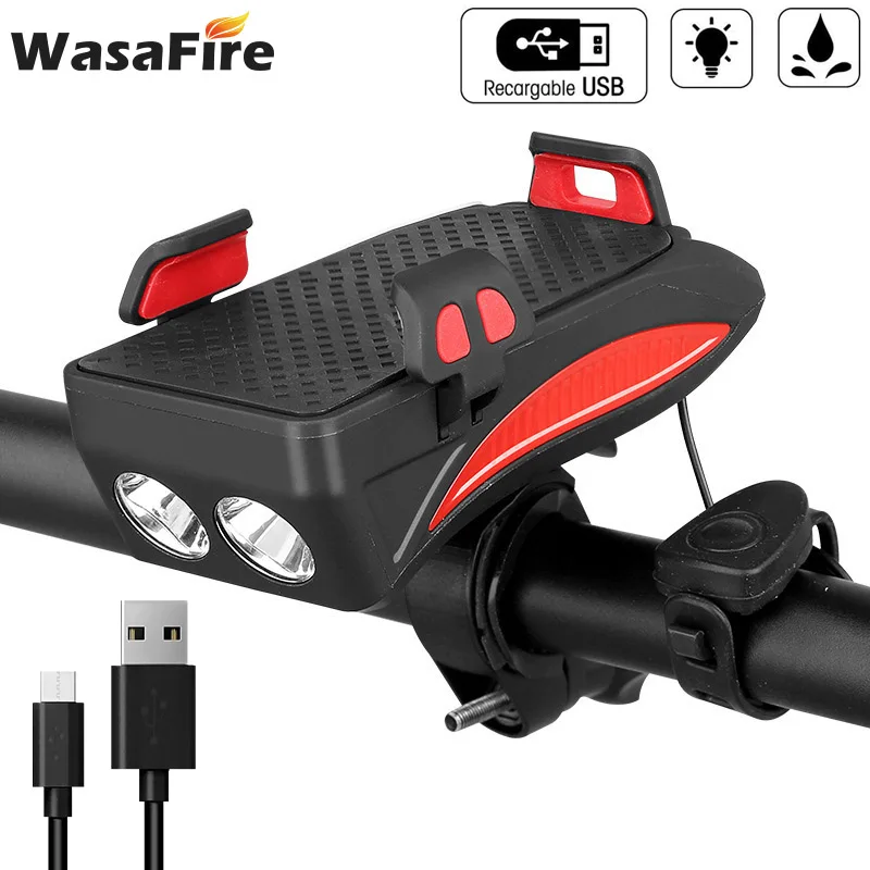 

WasaFire Multi-functional 4 IN 1 LED Bicycle Lamp Mobile phone Holder Horn riding Light MTB Bike Front Light Cycling Accessories