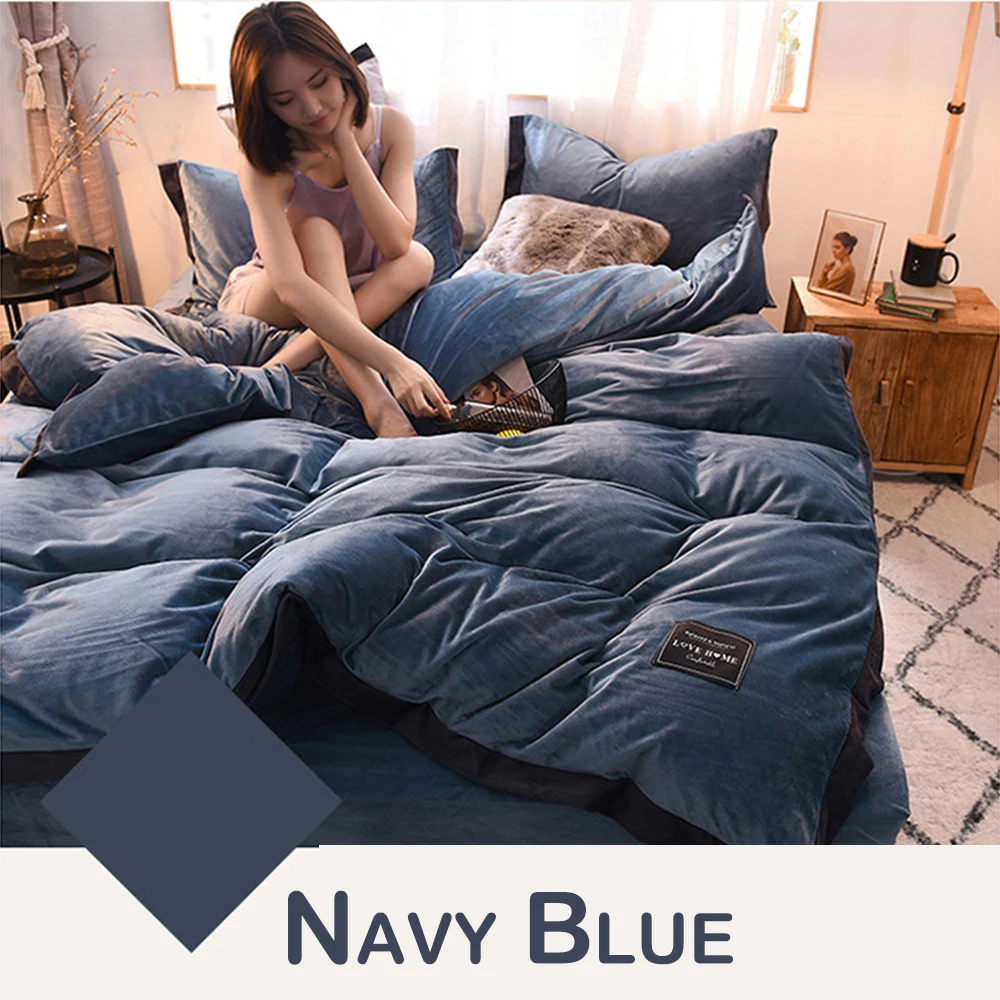 Navy Blue Зимние Бархатные флисовые удобные мягкие постельные принадлежности 4 шт. queen/King size Европейский стиль утолщенные широкие края хлопок 7 цветов домашний декор D20 - Цвет: Navy Blue